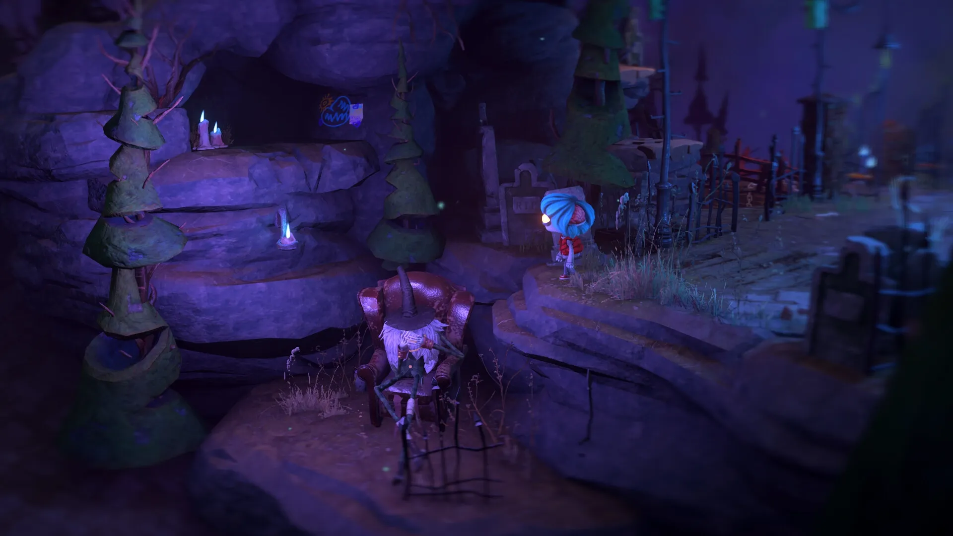 Gloomy Eyes: Gloomy explores eerie graveyard path with glowing blue lights and mysterious symbols