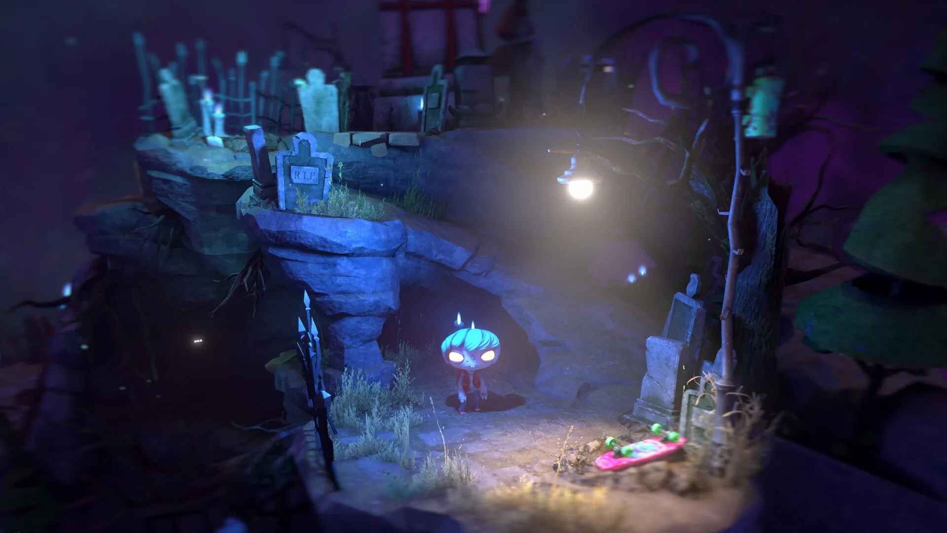 Gloomy Eyes: Gloomy explores eerie graveyard with glowing eyes under dim streetlamp.