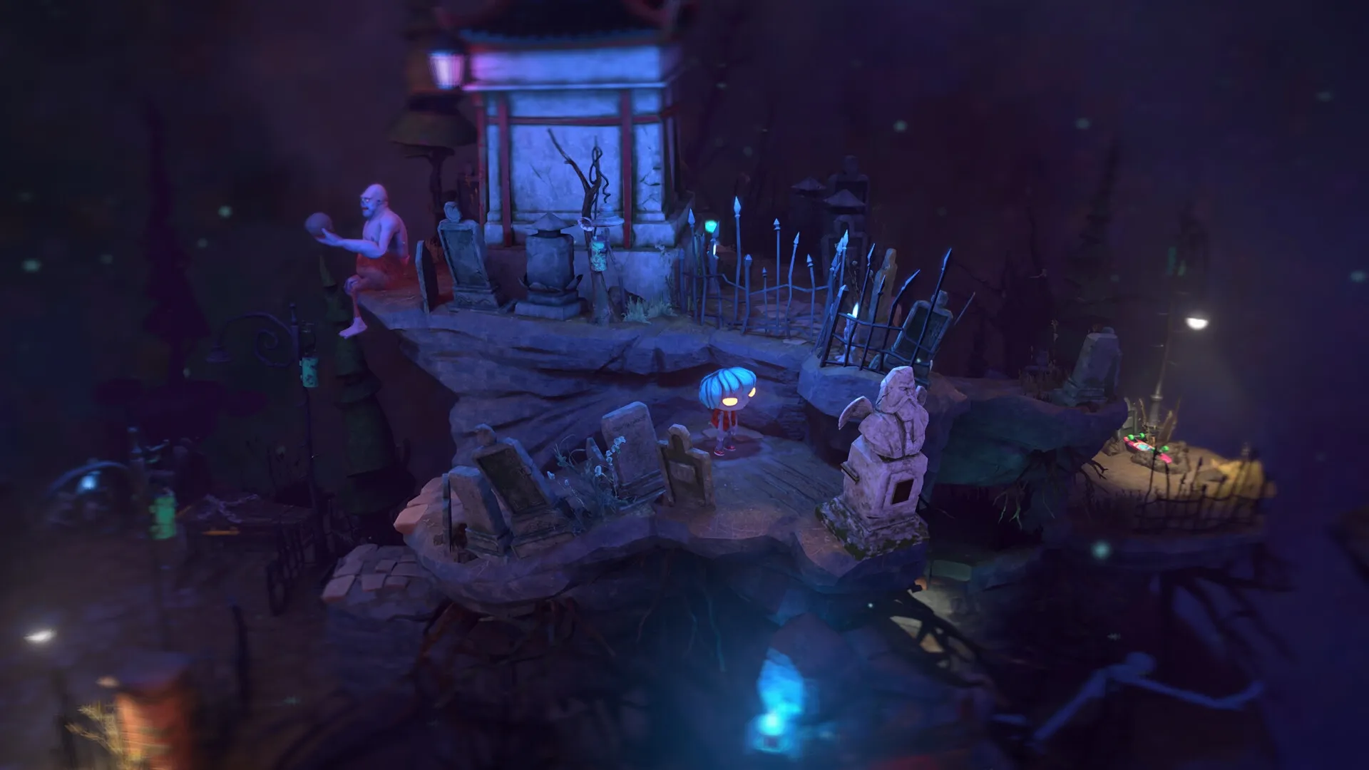 Gloomy Eyes: Nena exploring eerie graveyard with statues and glowing lights in moonlit darkness