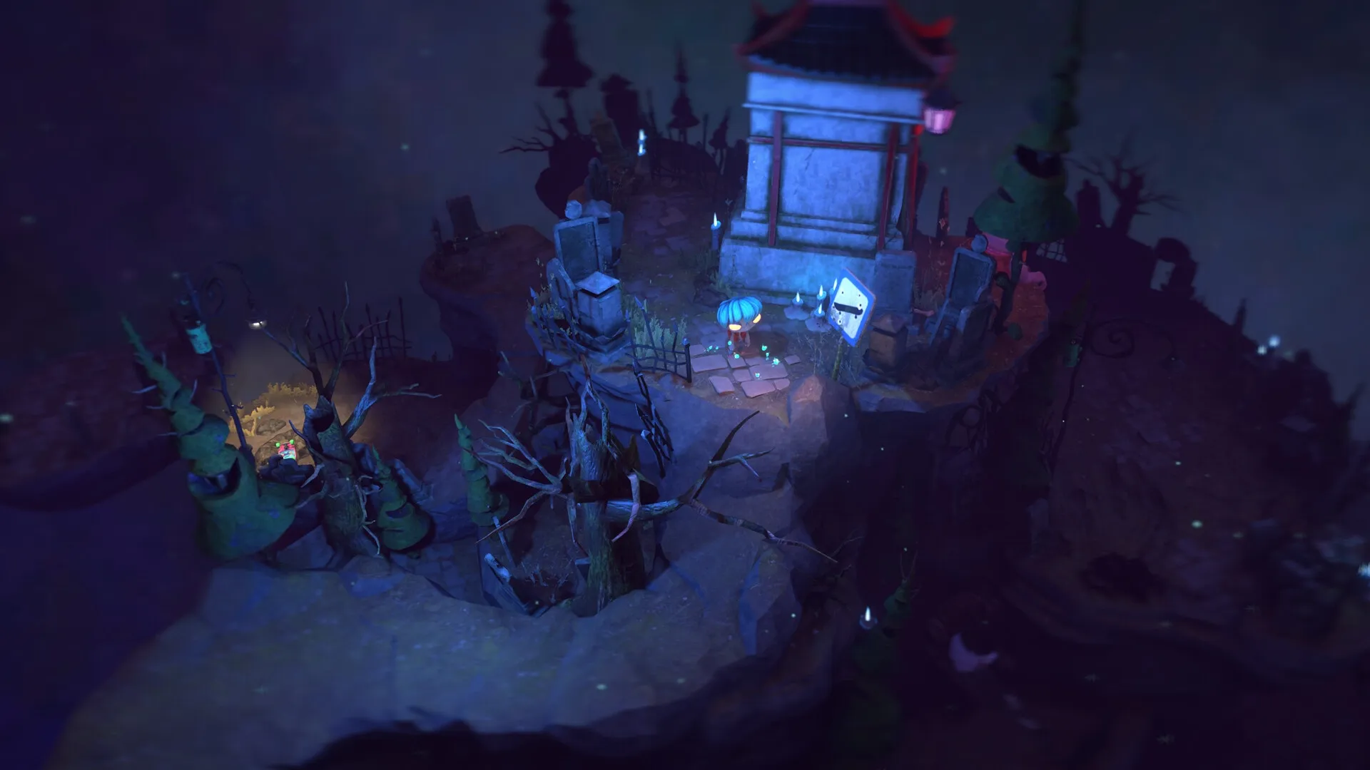 Gloomy Eyes: Gloomy and Nena explore a graveyard with eerie blue lights near a mysterious building