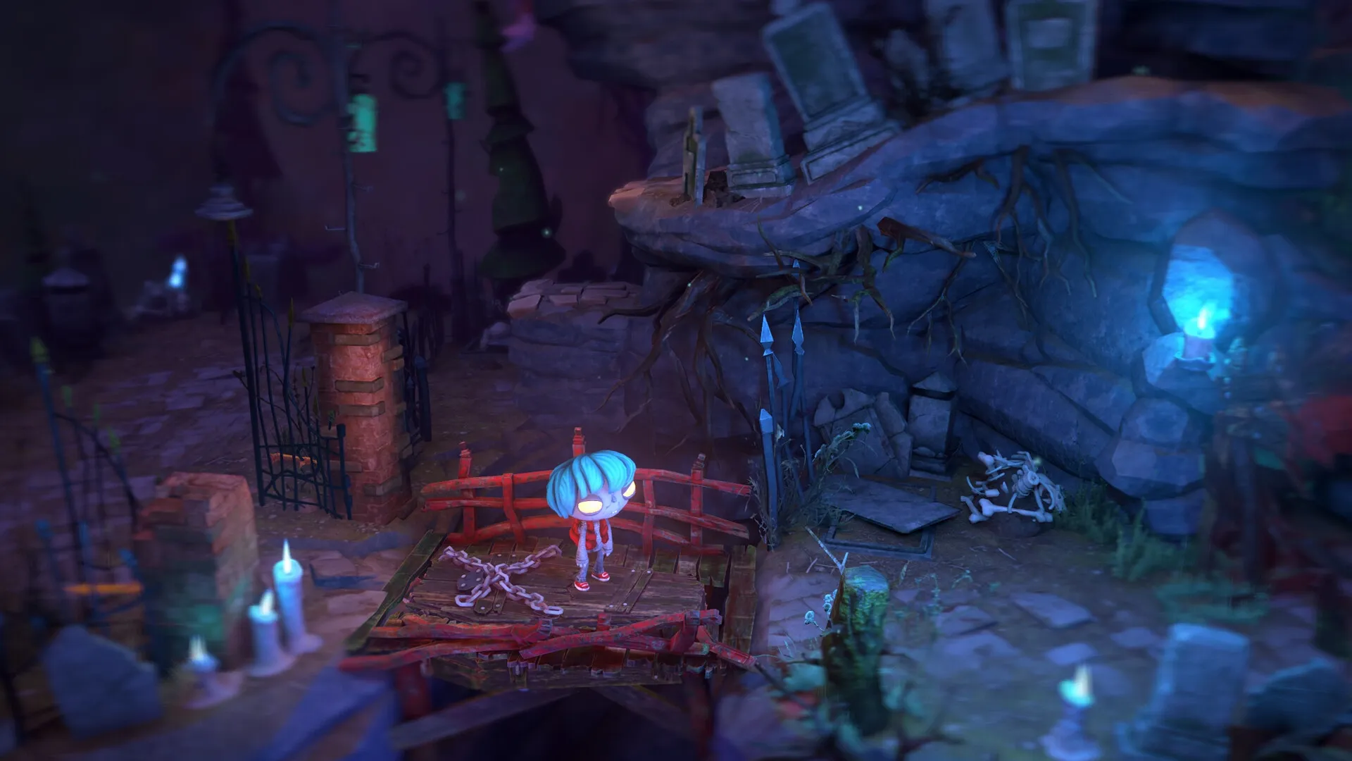 Gloomy Eyes: Gloomy stands on a wooden platform surrounded by gravestones and eerie blue lights