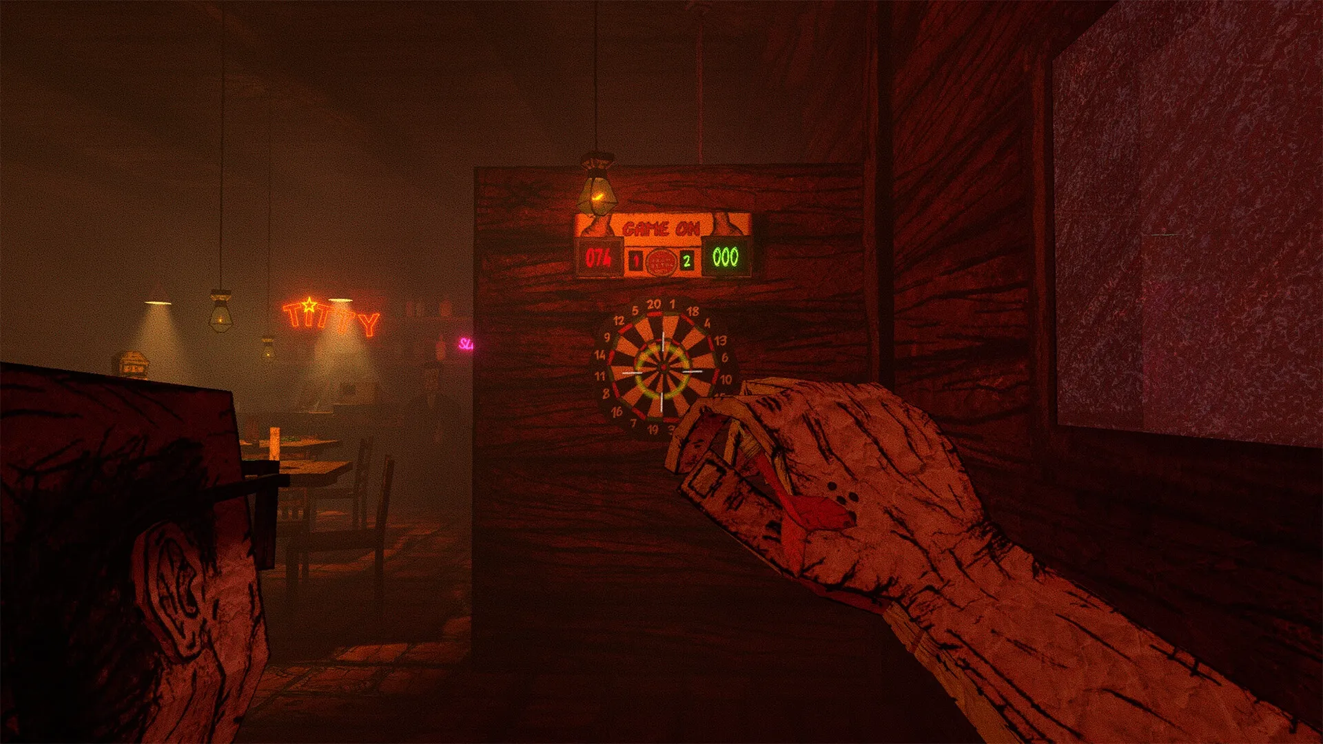 Gloomy Juncture: Player throws darts in a dimly lit bar with neon signs and rustic decor.