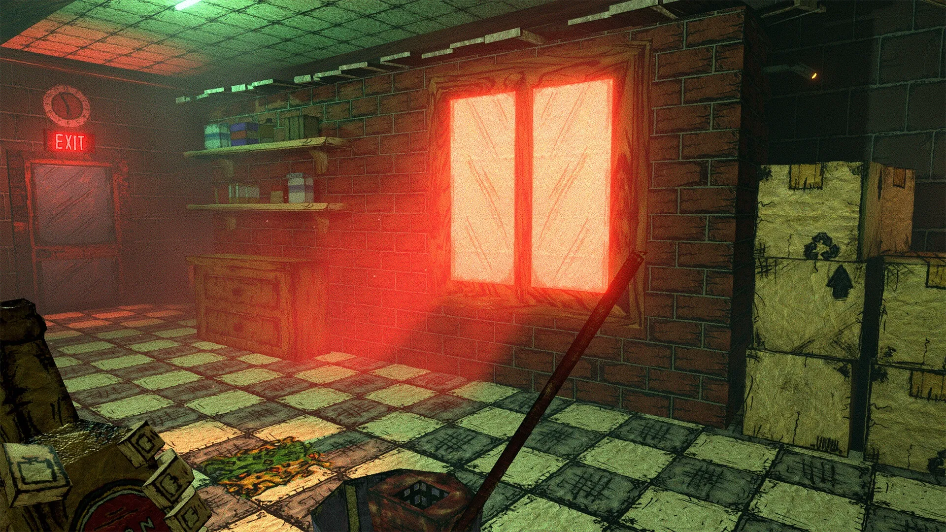 Gloomy Juncture: Dimly lit janitor's room with neon exit sign and red glow from window.