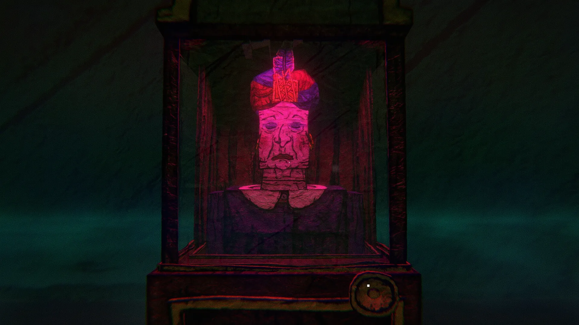 Gloomy Juncture: Illuminated fortune teller machine in a dark, eerie environment with red glow