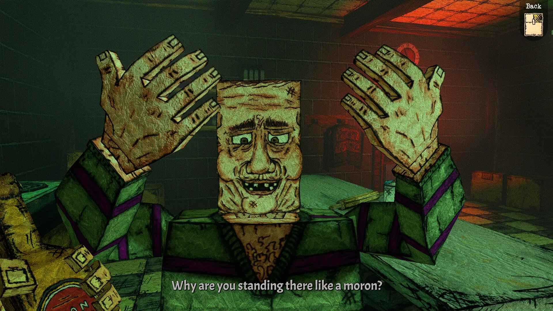 Gloomy Juncture: Janitor confronts another character in a dimly lit room with a bottle in hand