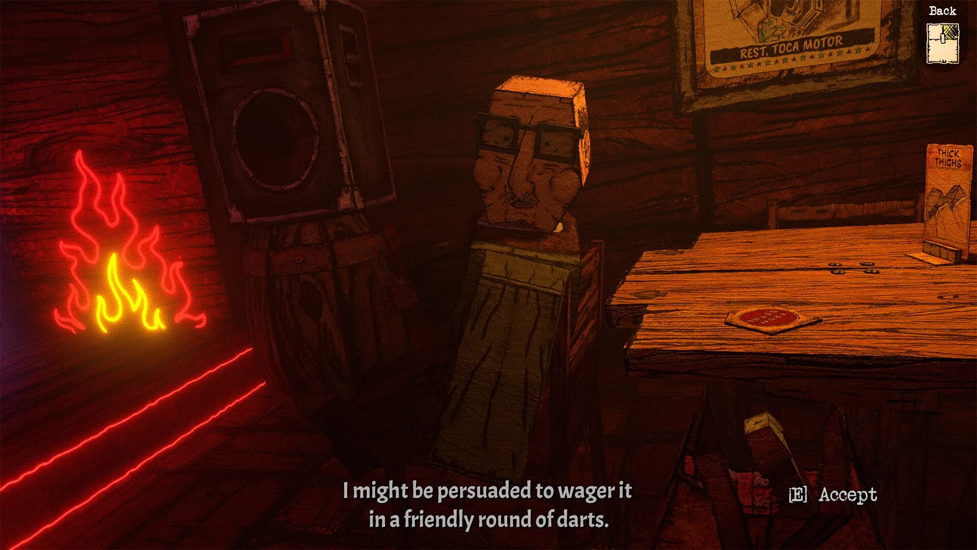 Gloomy Juncture: Character negotiation at a dimly lit bar table with neon flames and dart wager dialogue.