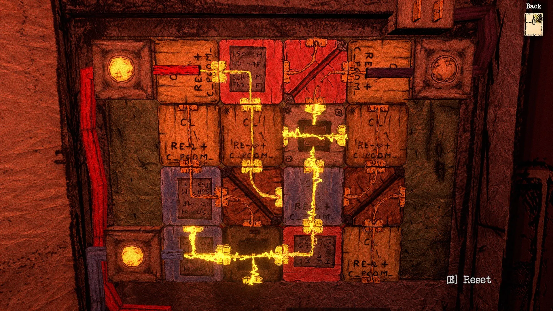 Gloomy Juncture: Complex wiring puzzle interface with glowing connections in dimly lit environment