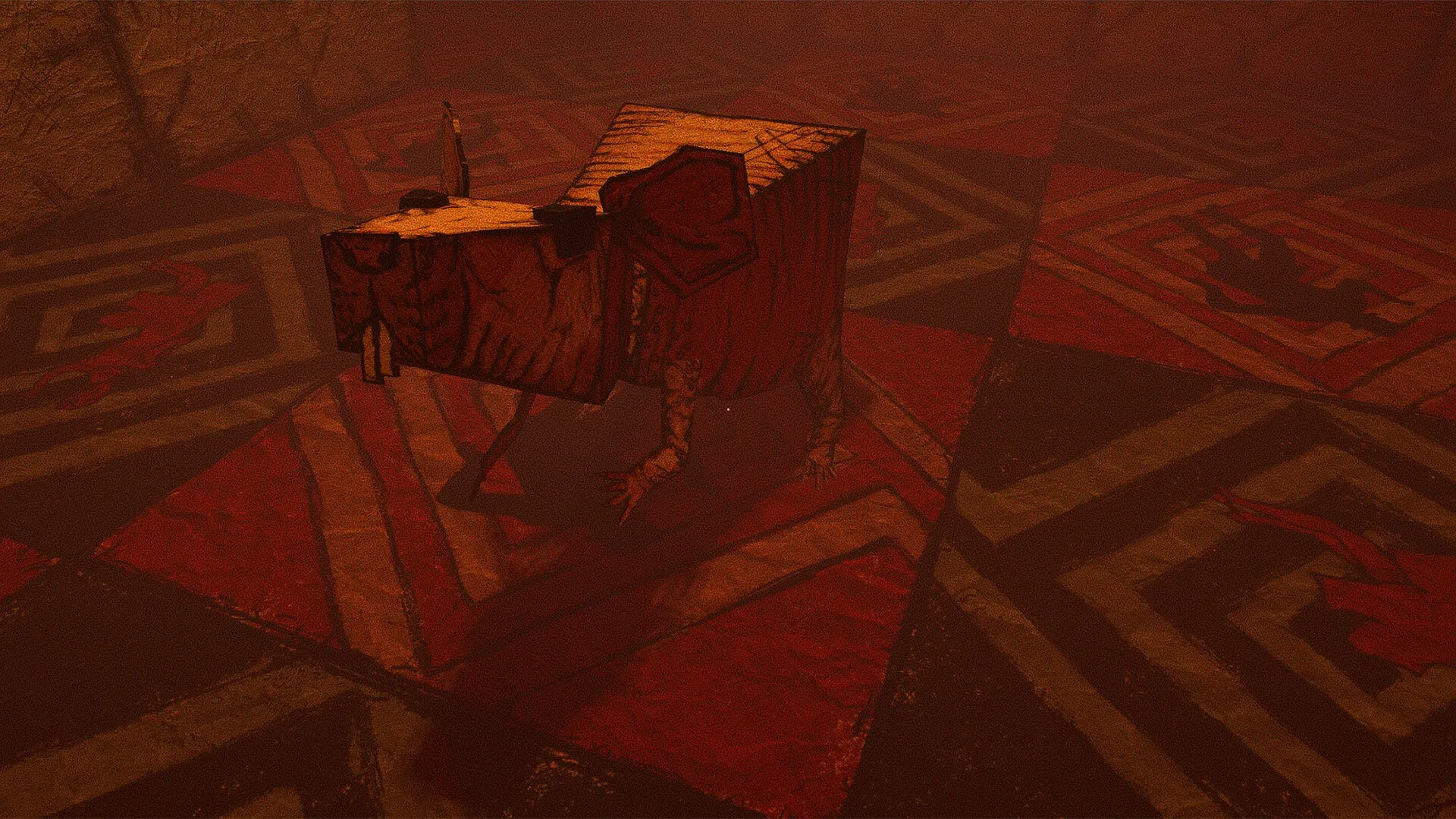 Gloomy Juncture: Abstract creature stands on intricate, patterned floor in dimly lit, eerie room.