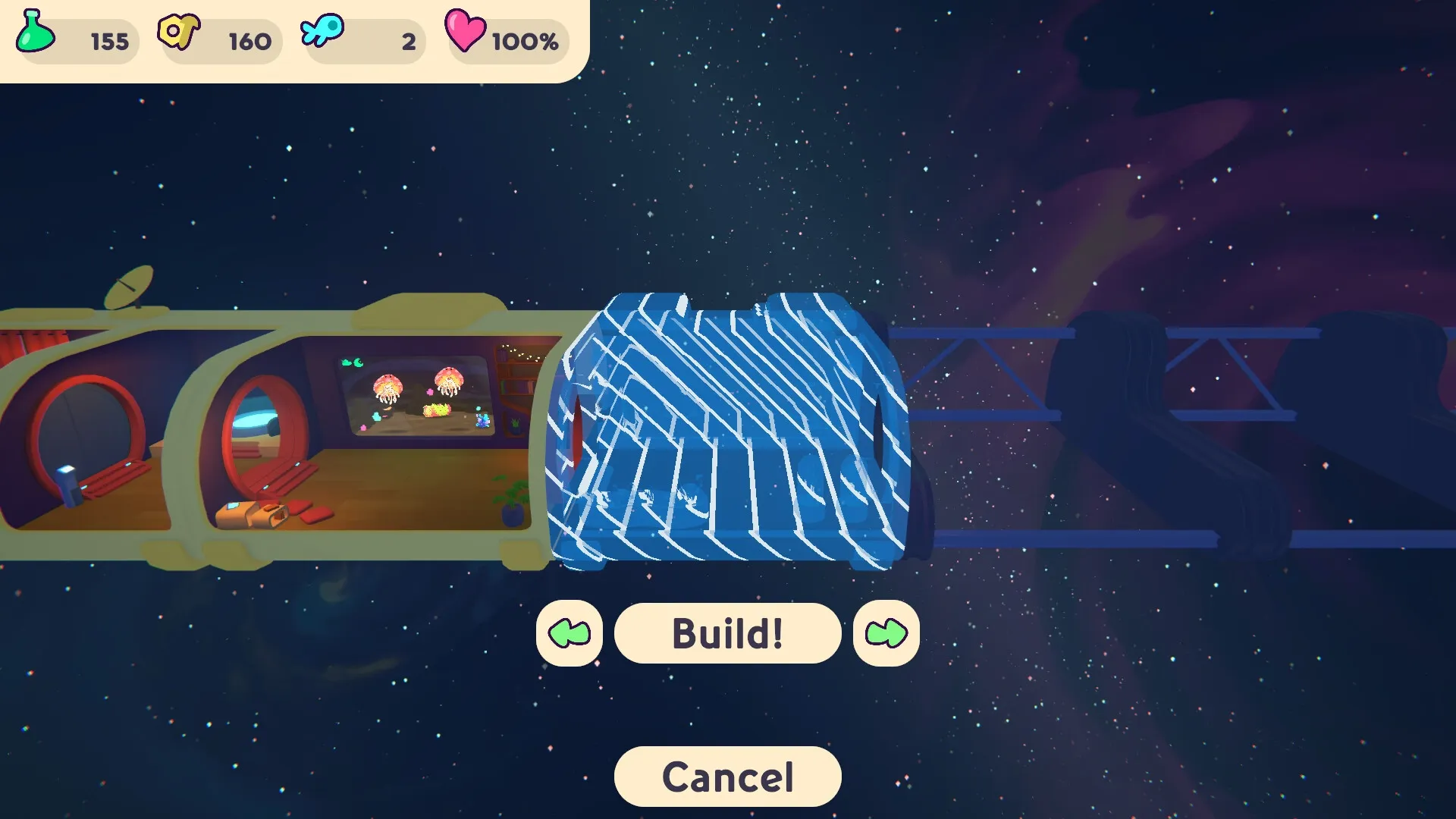 GLOOPALAXY: Building a new habitat module in a space station with inventory and health displayed.
