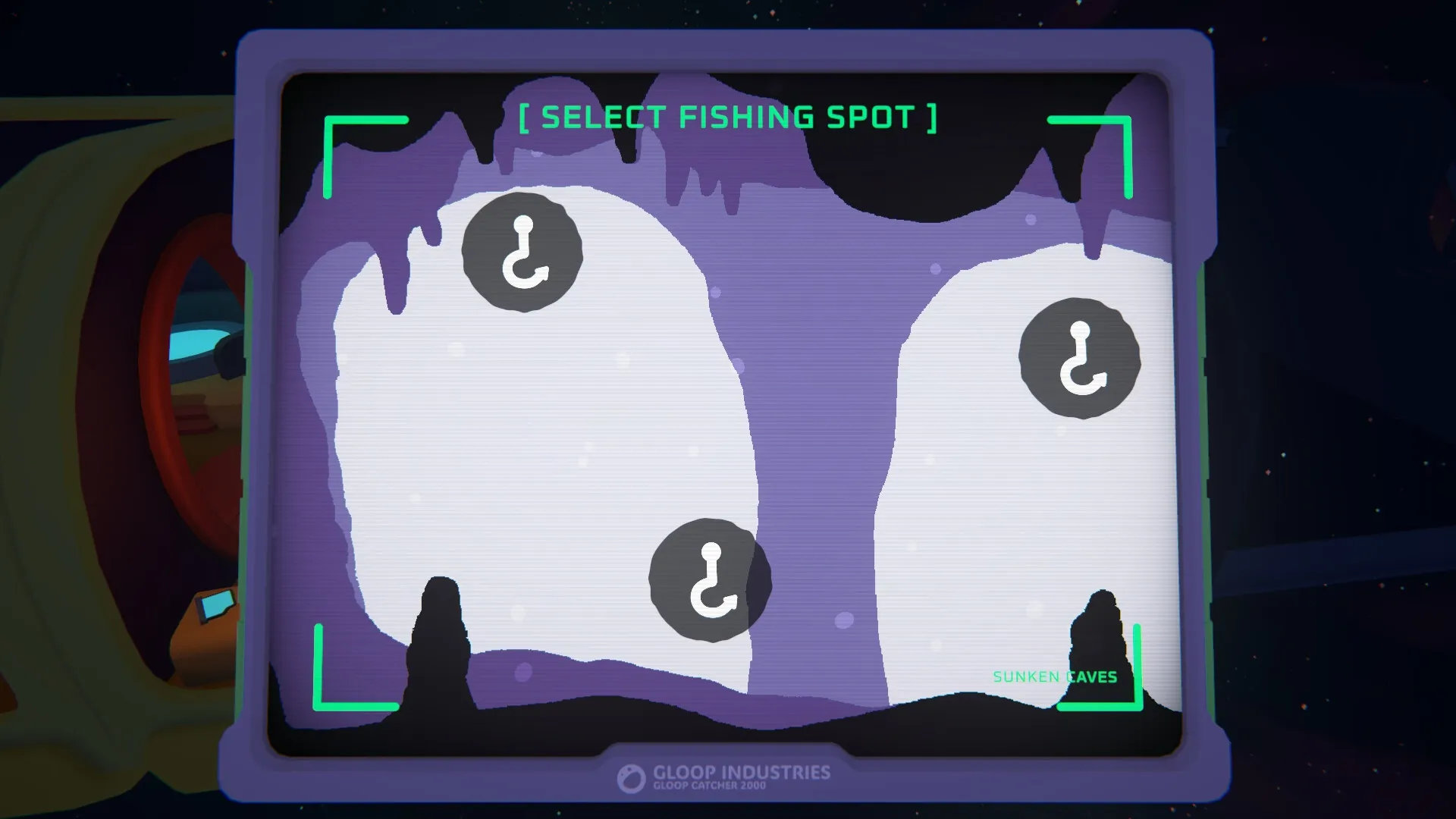 GLOOPALAXY: Selecting fishing spot in the Sunken Caves on a monitor with hook icons displayed