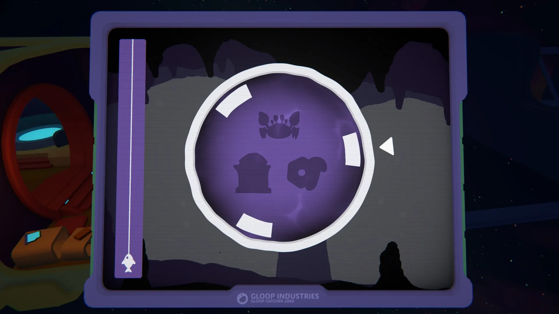 GLOOPALAXY: Creature selection interface with crab icon in a purple circular menu inside a cave setting.