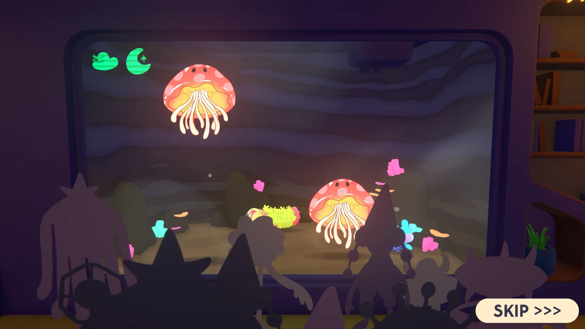 GLOOPALAXY: Observing glowing jellyfish-like Gloops in an underwater viewing tank with UI icons visible.