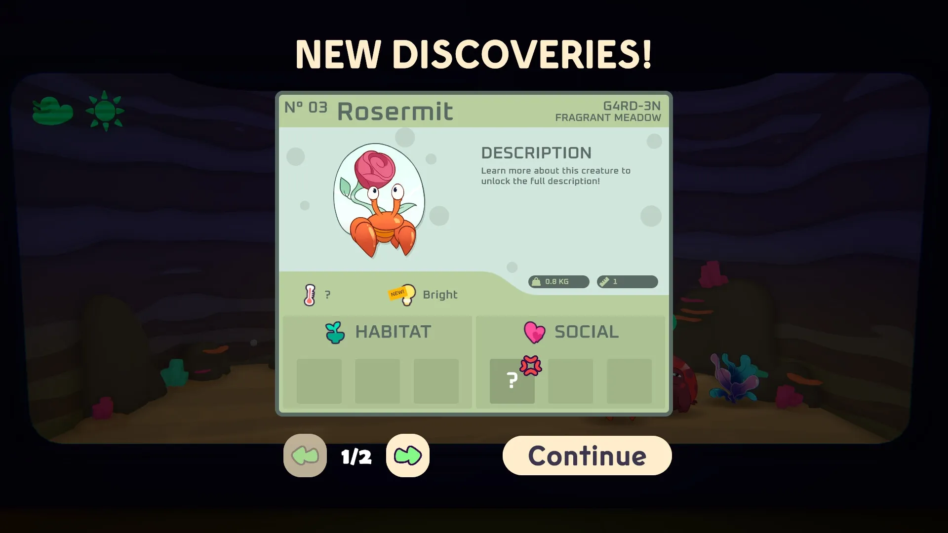 GLOOPALAXY: Rosermit discovery card with habitat and social stats in a dimly lit underwater cave