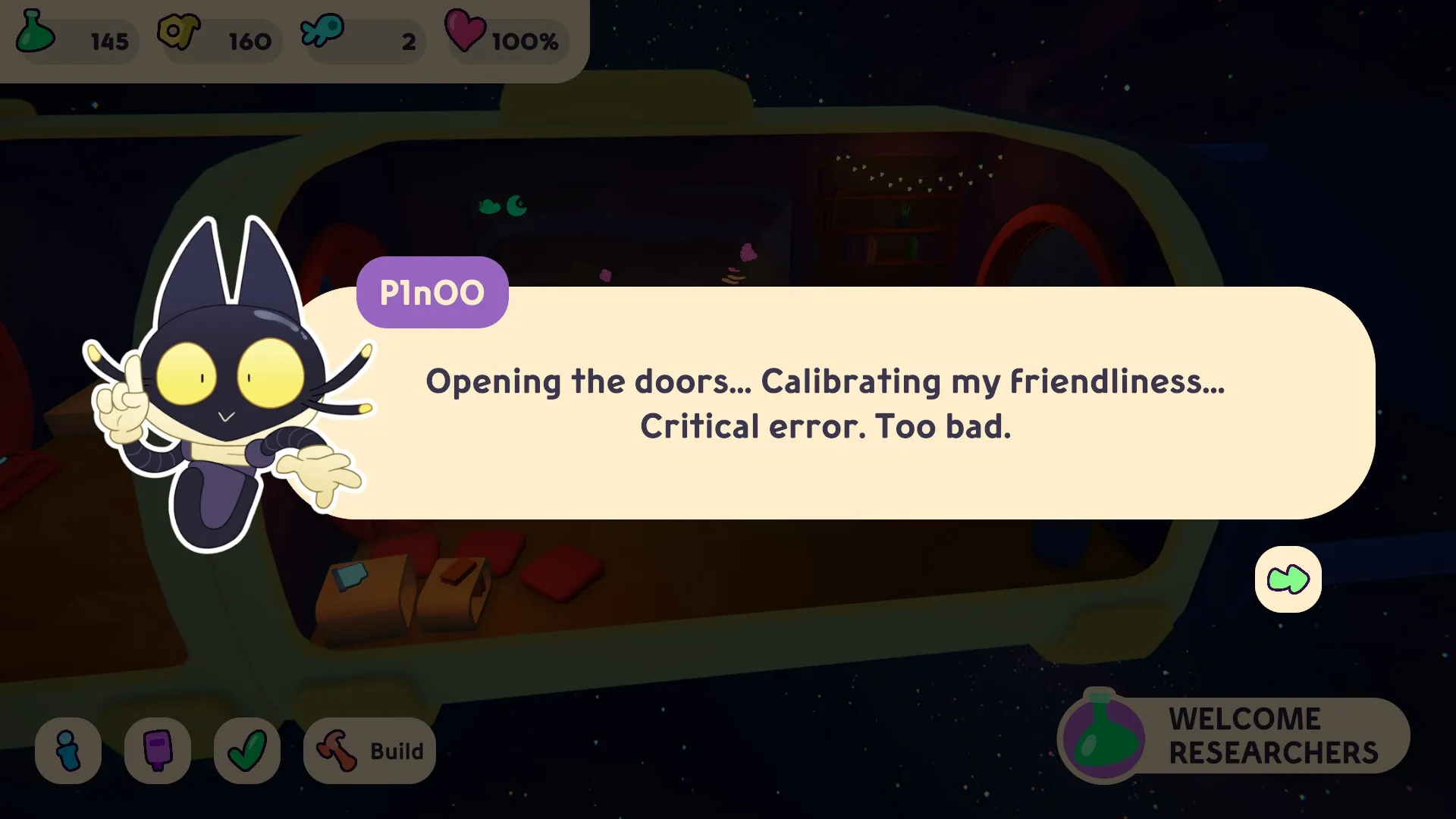 GLOOPALAXY: P1nOO character dialog about friendliness calibration in cozy starship interior