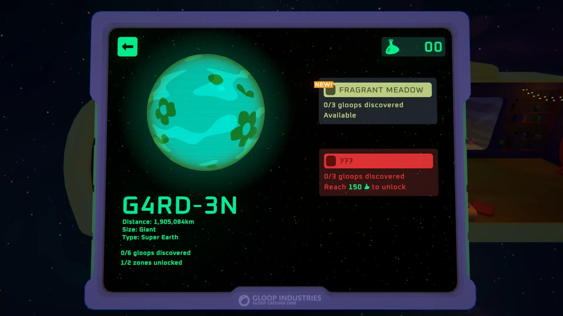 GLOOPALAXY: Viewing planet G4RD-3N with gloop discovery progress and zone unlock status displayed