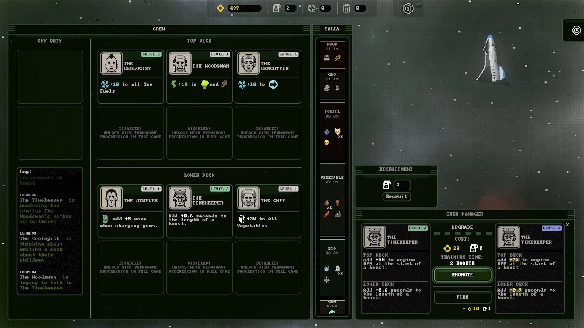 Glory On Pluto: Crew management interface with character stats and recruitment options in space setting