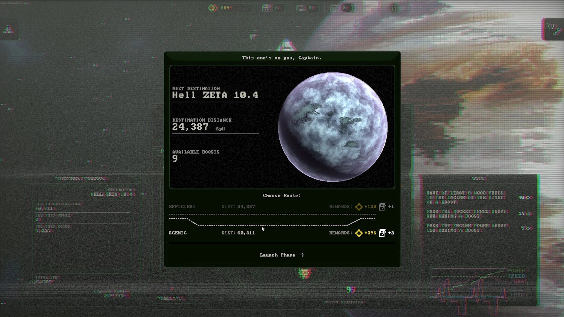Glory On Pluto: Route selection screen with planet Hell Zeta 10.4 and travel stats in space setting