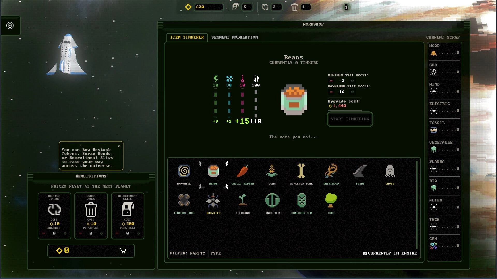 Glory On Pluto: Item tinkerer screen showing Beans upgrade options and spaceship in space environment