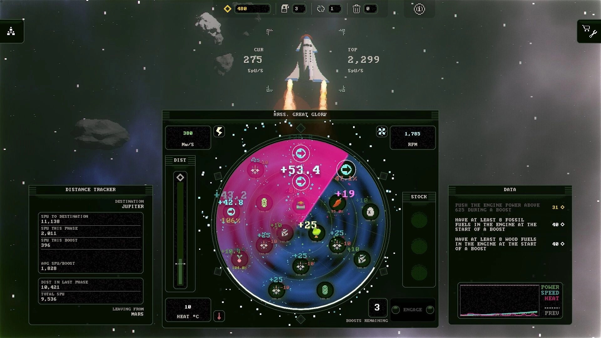 Glory On Pluto: Spaceship HUD with distance tracker, engine stats, and destination set to Jupiter