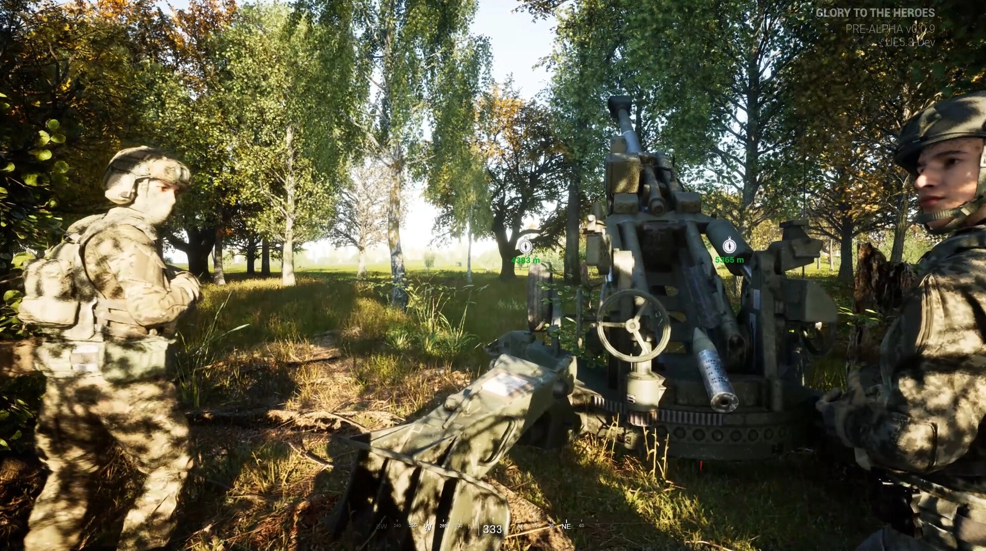 Glory To The Heroes: Soldiers operate artillery in a sunlit forest, preparing for long-range engagement.
