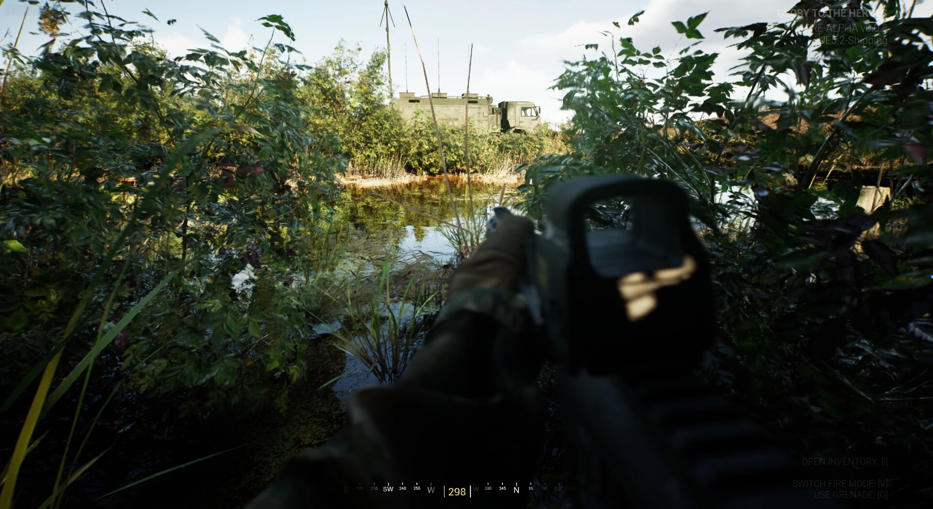 Glory To The Heroes: First-person aiming through foliage at military truck in dense marshland environment