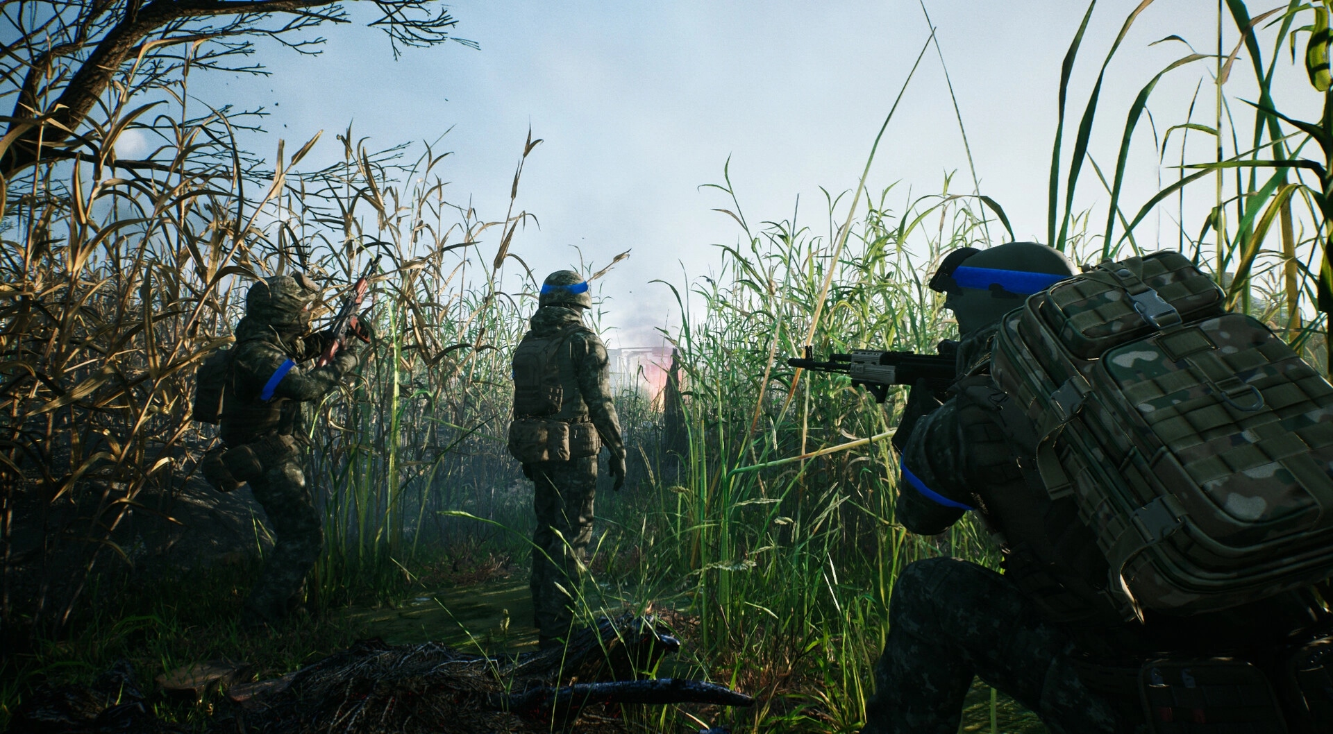 Glory To The Heroes: Soldiers advance through dense cornfield with weapons drawn in a tactical formation.
