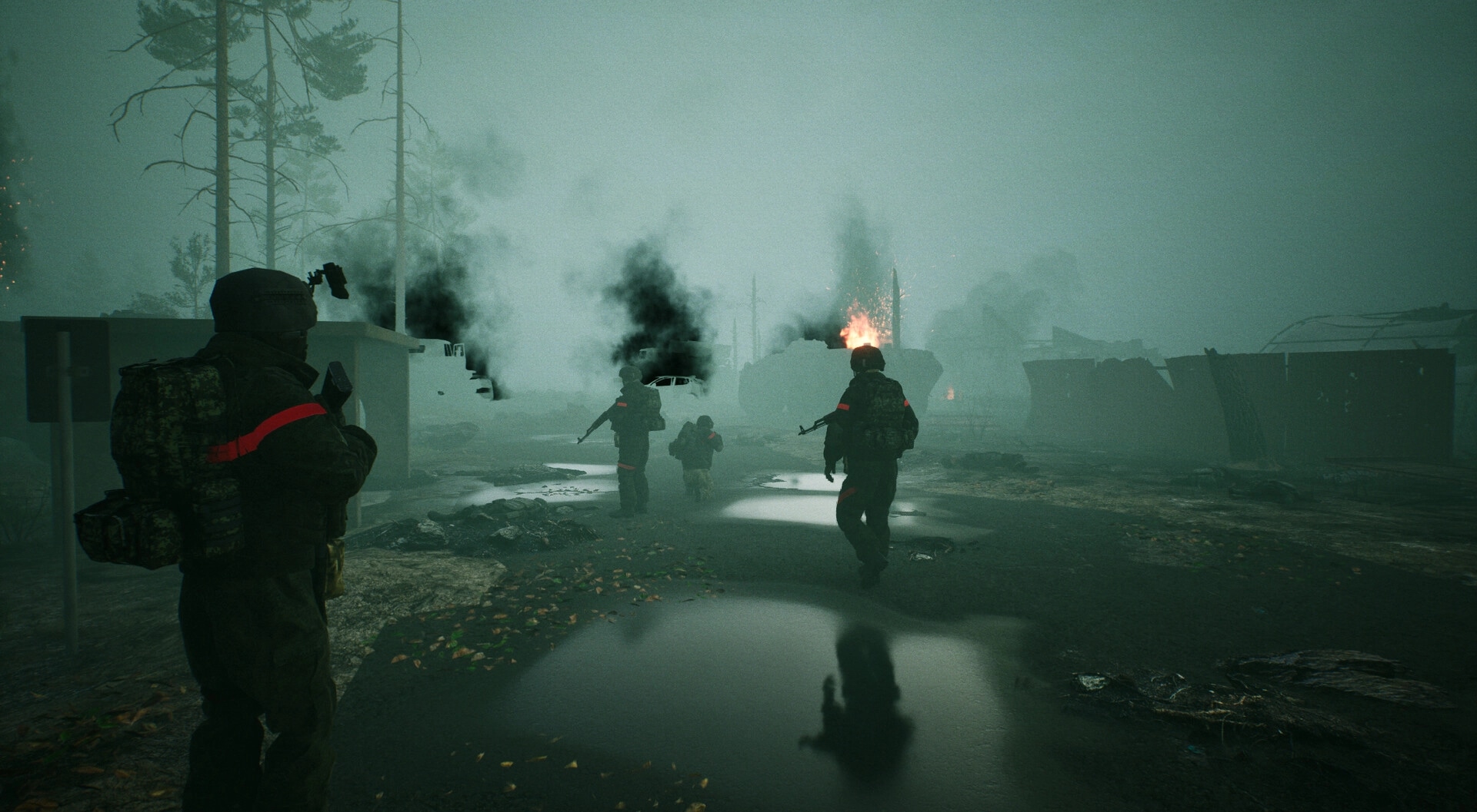 Glory To The Heroes: Soldiers advance through a foggy battlefield with burning vehicles and debris scattered.