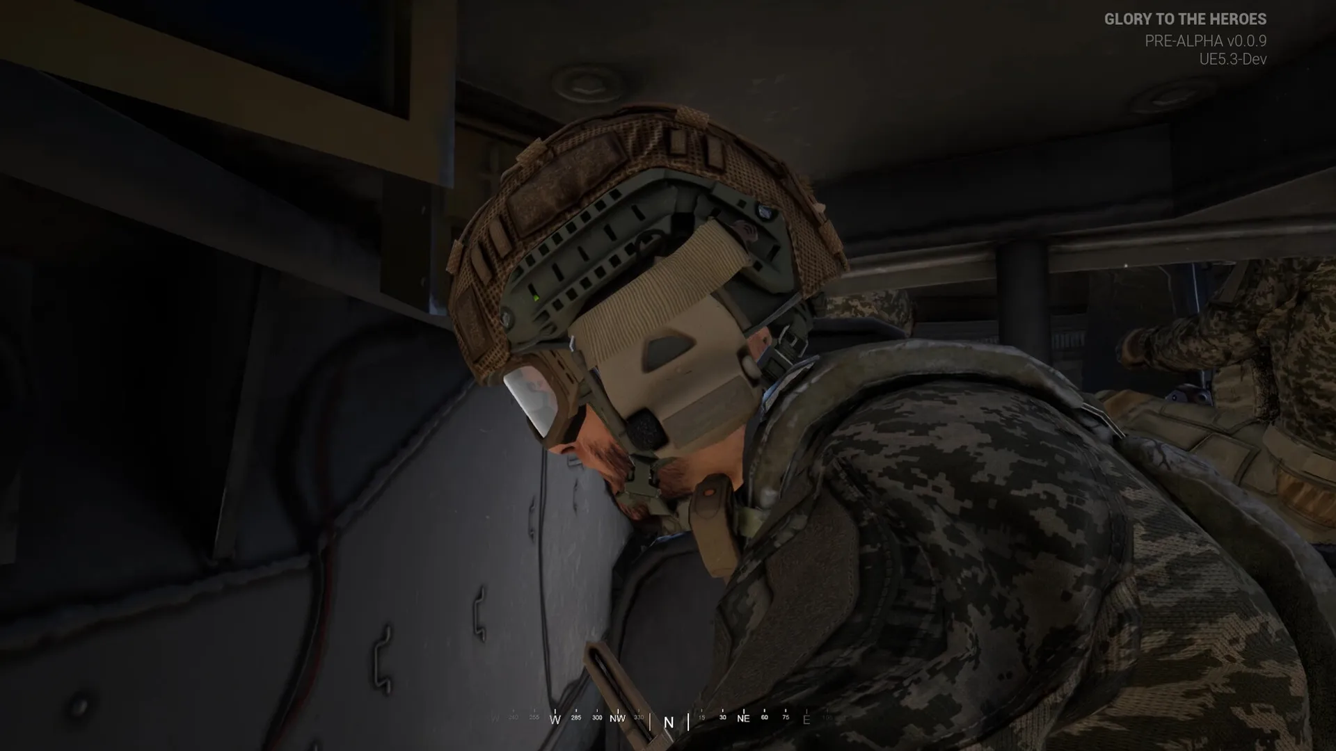 Glory To The Heroes: Soldier in tactical gear inside armored vehicle navigating battlefield environment