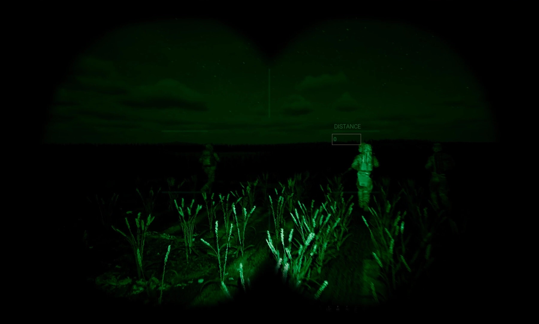 Glory To The Heroes: Night vision view of soldiers advancing through a field with distance indicator visible.