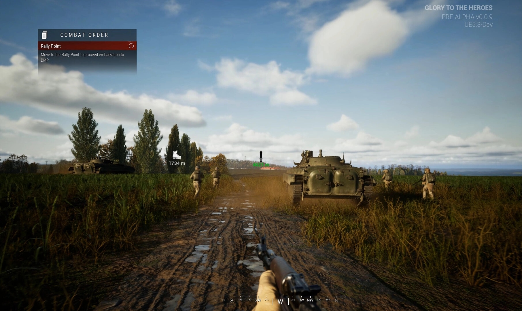 Glory To The Heroes: Soldiers advance alongside tanks in a muddy field under a clear blue sky