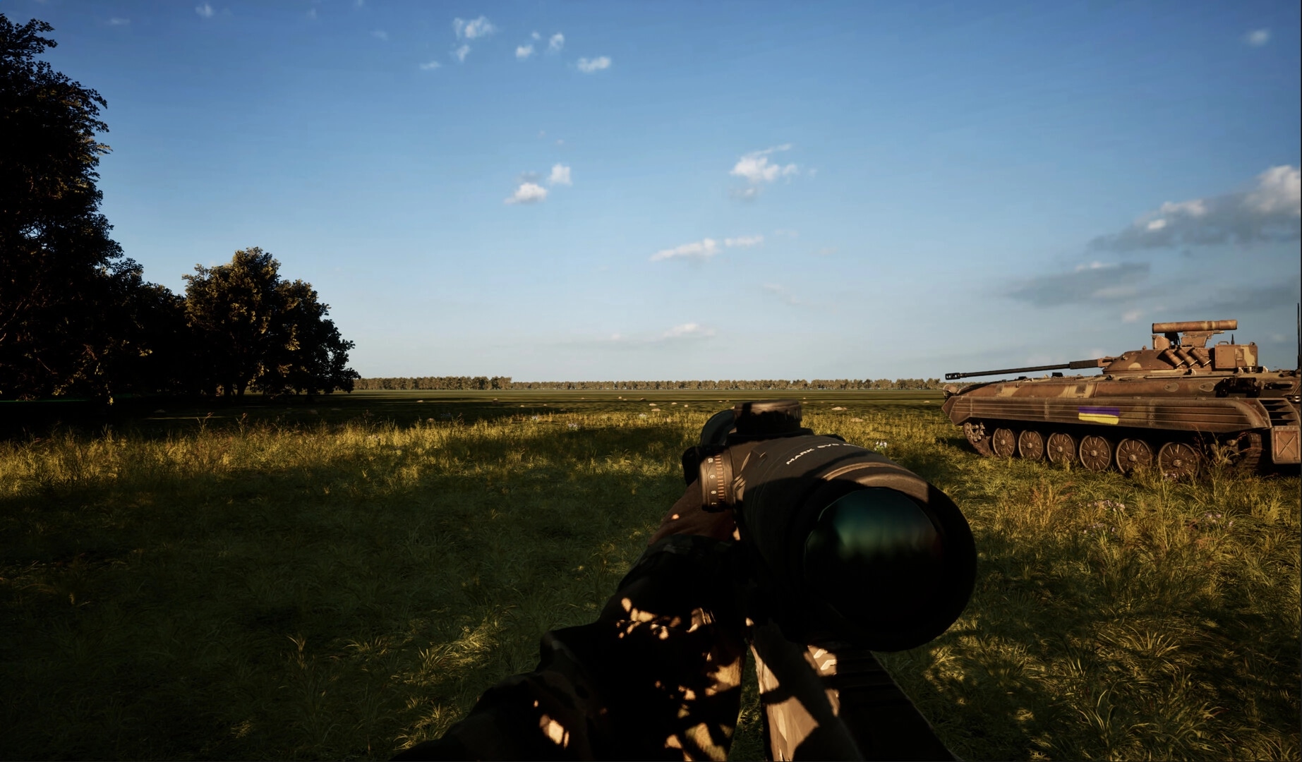 Glory To The Heroes: Player aiming through sniper scope beside armored vehicle in open grassy field