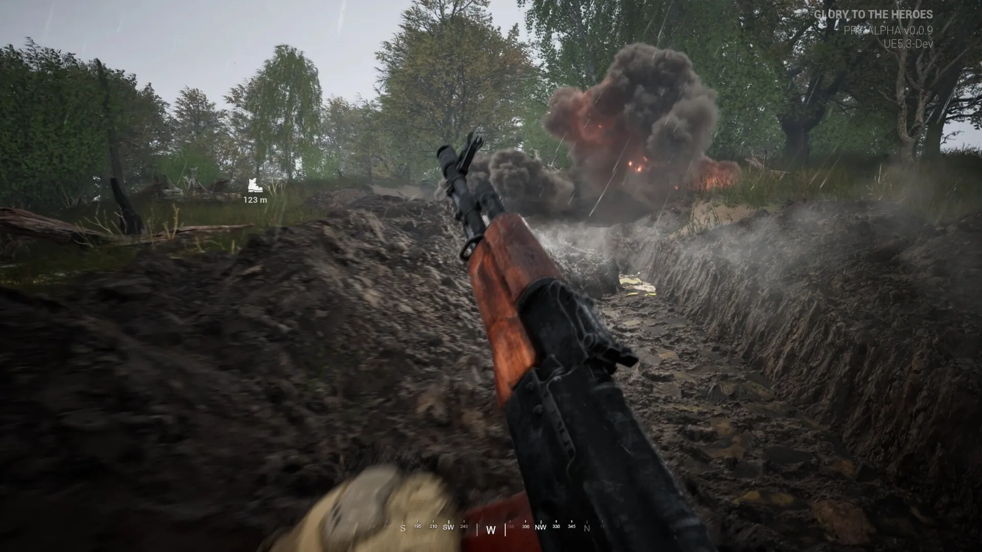 Glory To The Heroes: First-person trench combat with AK-47 and explosion in forested battlefield