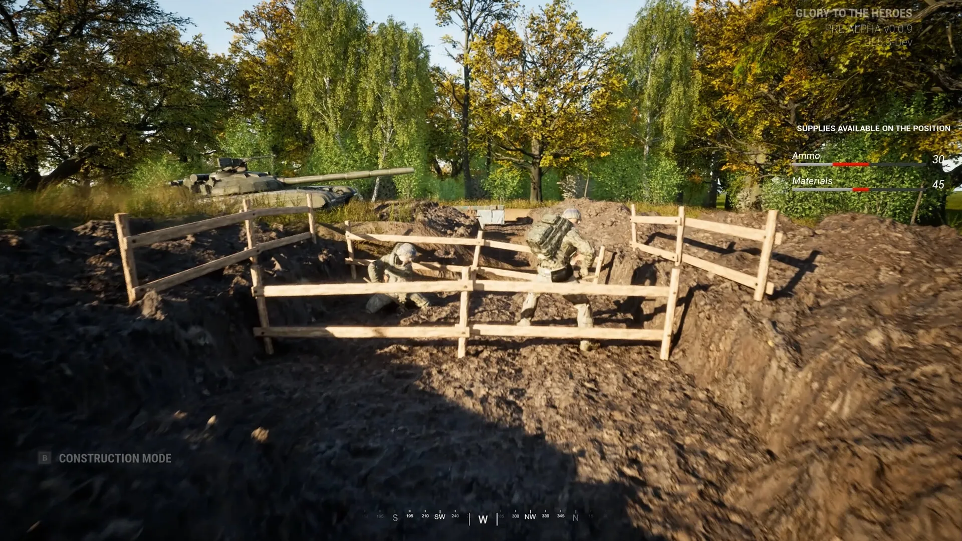 Glory To The Heroes: Soldiers in trenches with tank in forested battlefield, ammo and materials displayed.