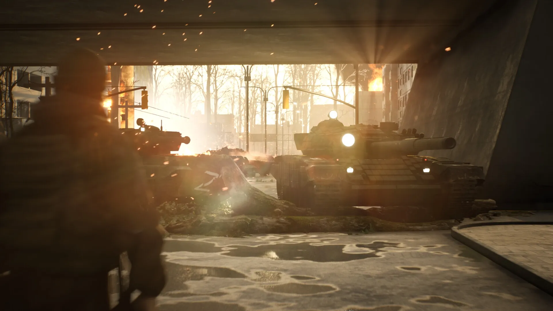 Glory To The Heroes: Soldier approaches battle tanks under a bridge in a war-torn urban environment