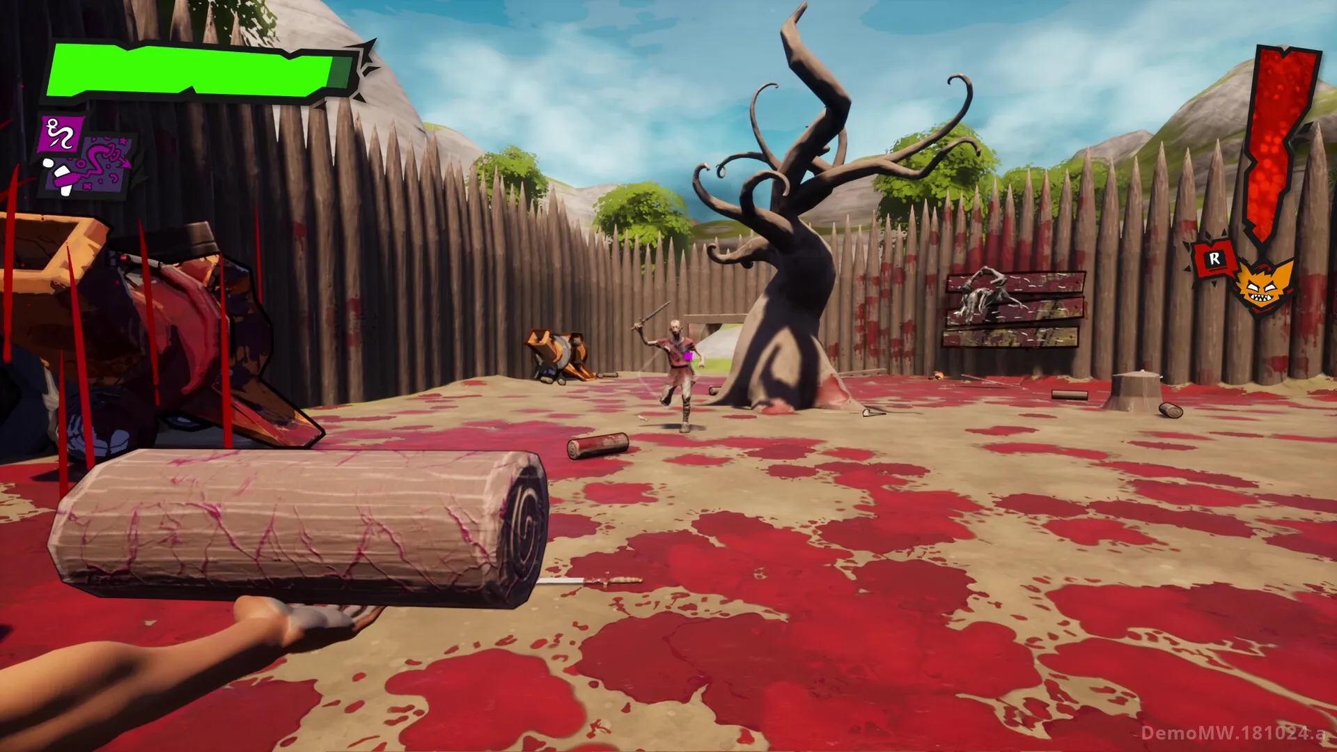 GLUM: Grumpy goblin Glum wielding a log in a blood-stained arena with a gnarled tree and enemy approaching