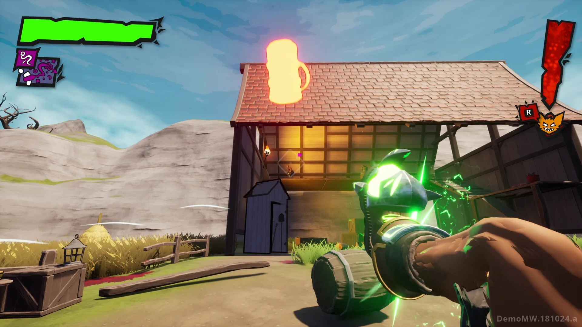 GLUM: Glum targets enemy on barn balcony with glowing boot in farm setting, UI shows health and alerts.