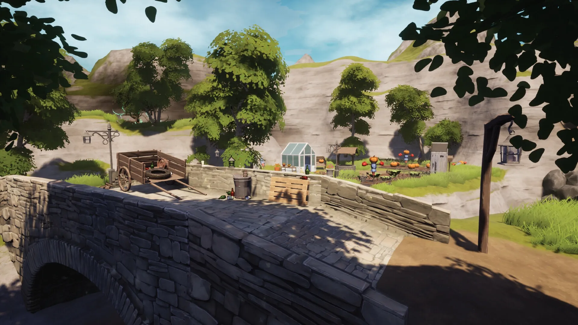 GLUM: Stone bridge with cart and garden tools, overlooking lush hillside with trees and small greenhouse