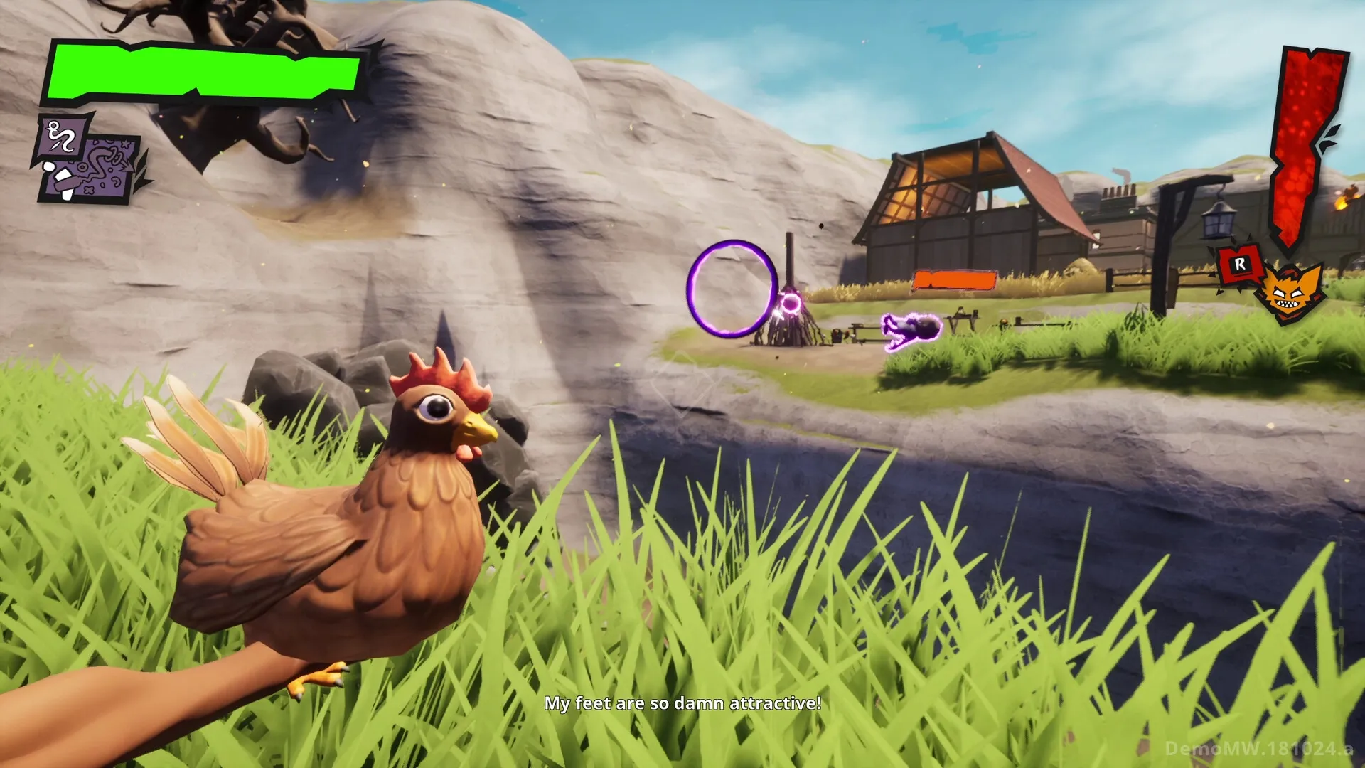 GLUM: Grumpy goblin Glum holds a chicken in grassy field near a farmhouse with magical aura effects.