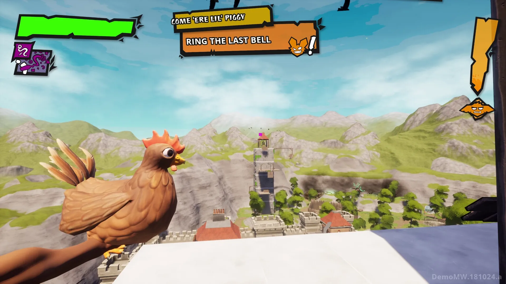 GLUM: Perched chicken overlooking valley with mission prompt "Ring the Last Bell" and health bar displayed