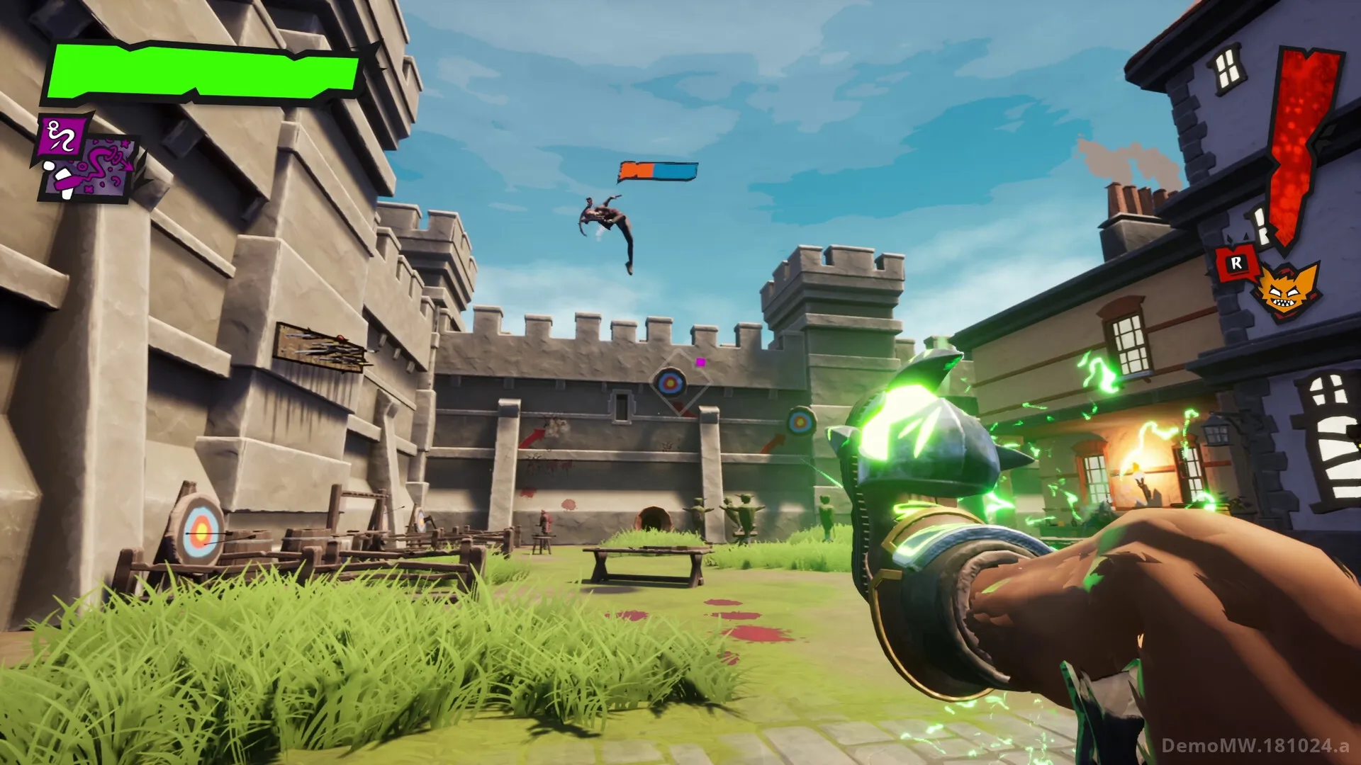 GLUM: Glum uses a magical boot in fortress courtyard with target boards and health bar visible