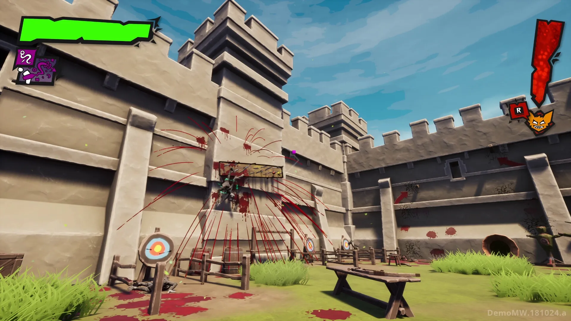 GLUM: Goblin splattered against wall in castle courtyard with target boards and health bar visible.