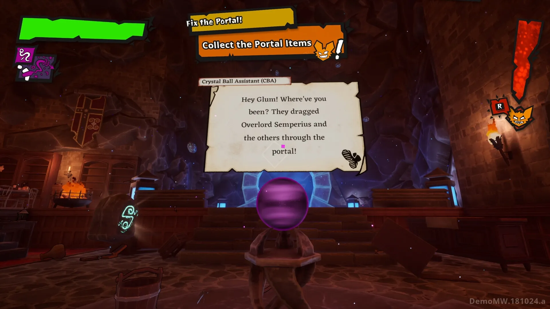 GLUM: Quest notification and dialogue with Crystal Ball Assistant in a cavernous room with portal.