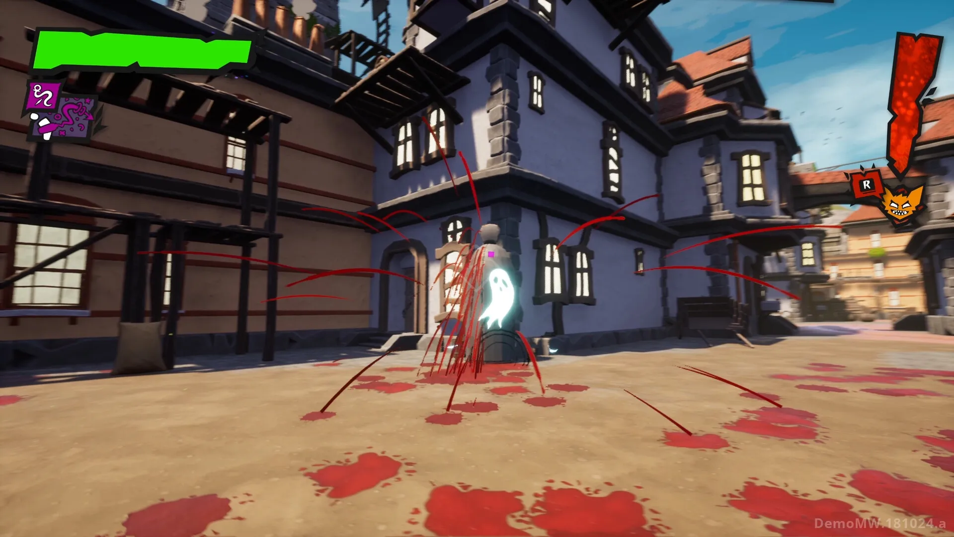 GLUM: Glum using magical boot attack on enemy in cobblestone village, health bar and alert icon visible