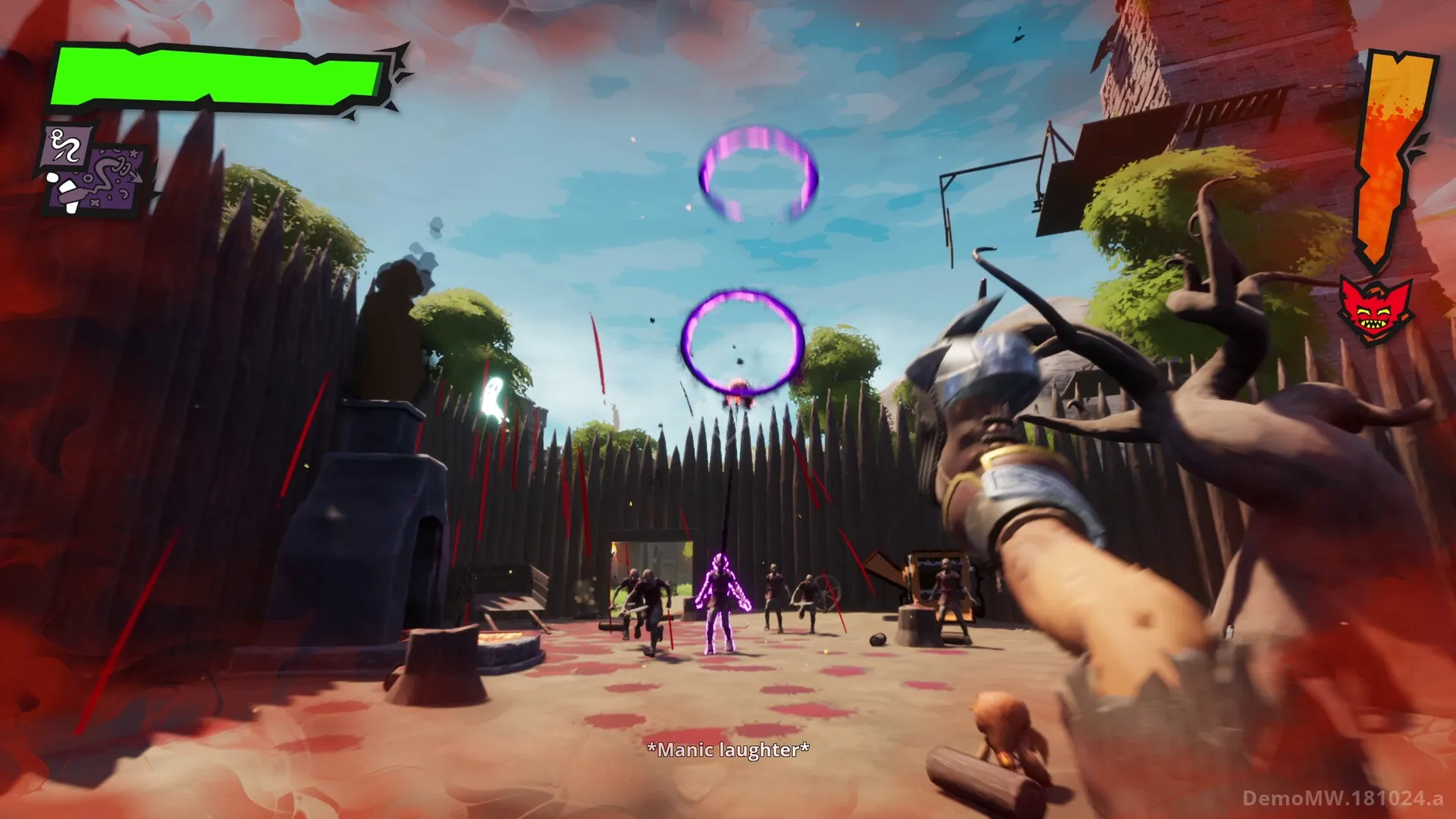 GLUM: Glum attacking goblin enemies in a walled courtyard with health bar and UI elements visible.