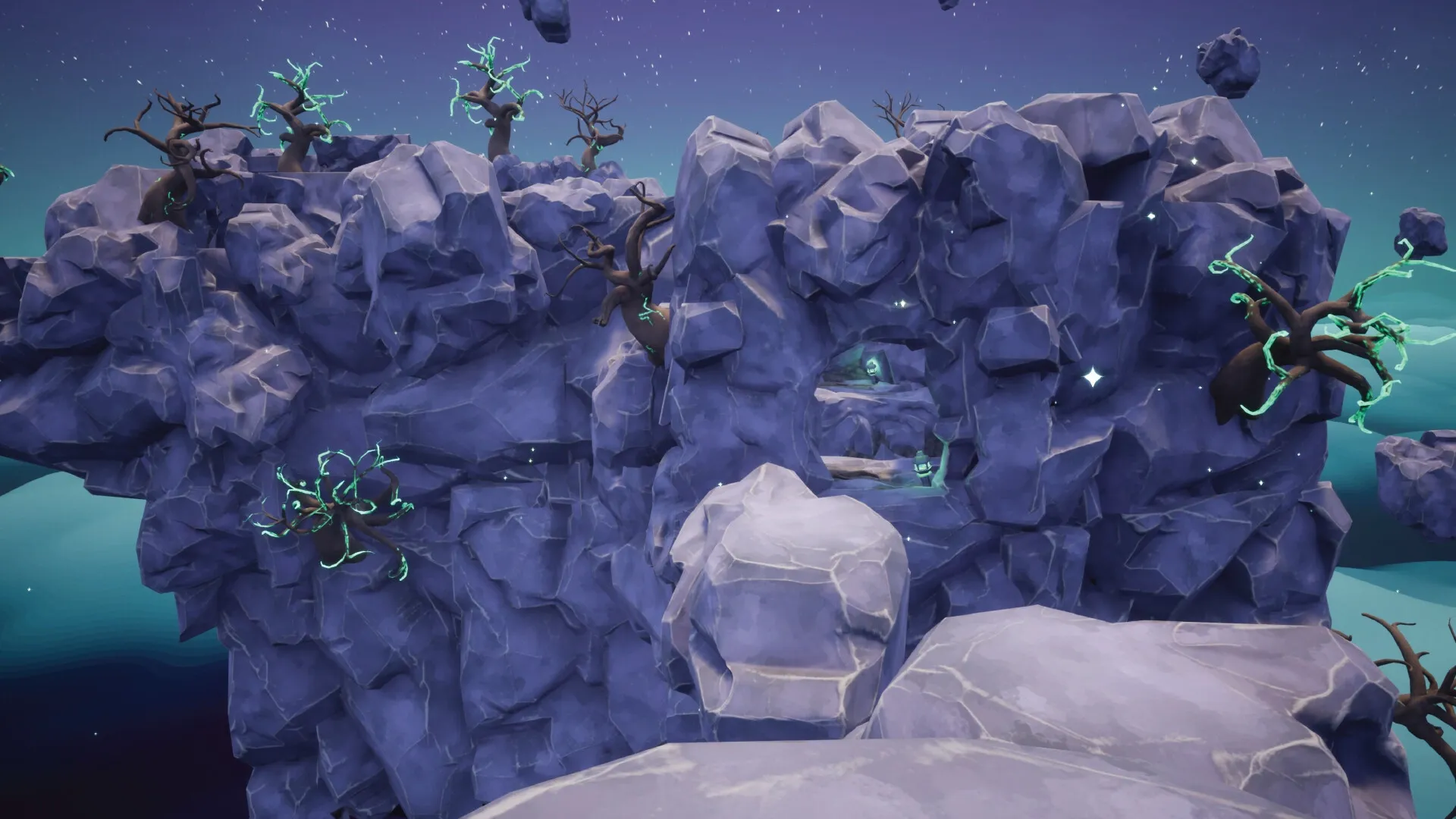 GLUM: Grumpy goblin Glum traverses rocky cliffside with glowing trees under a starry night sky.