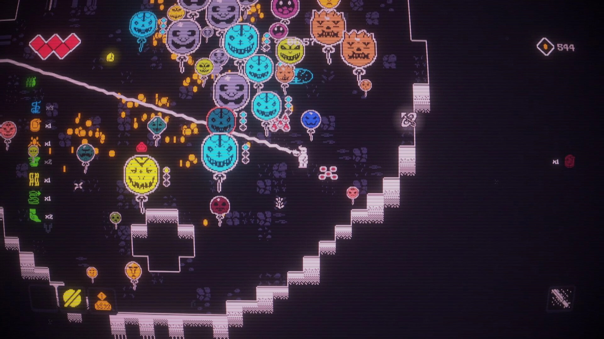 GNAP GNAP: Player fires a harpoon into a swarm of grim balloons in a dark cavern with HUD icons.