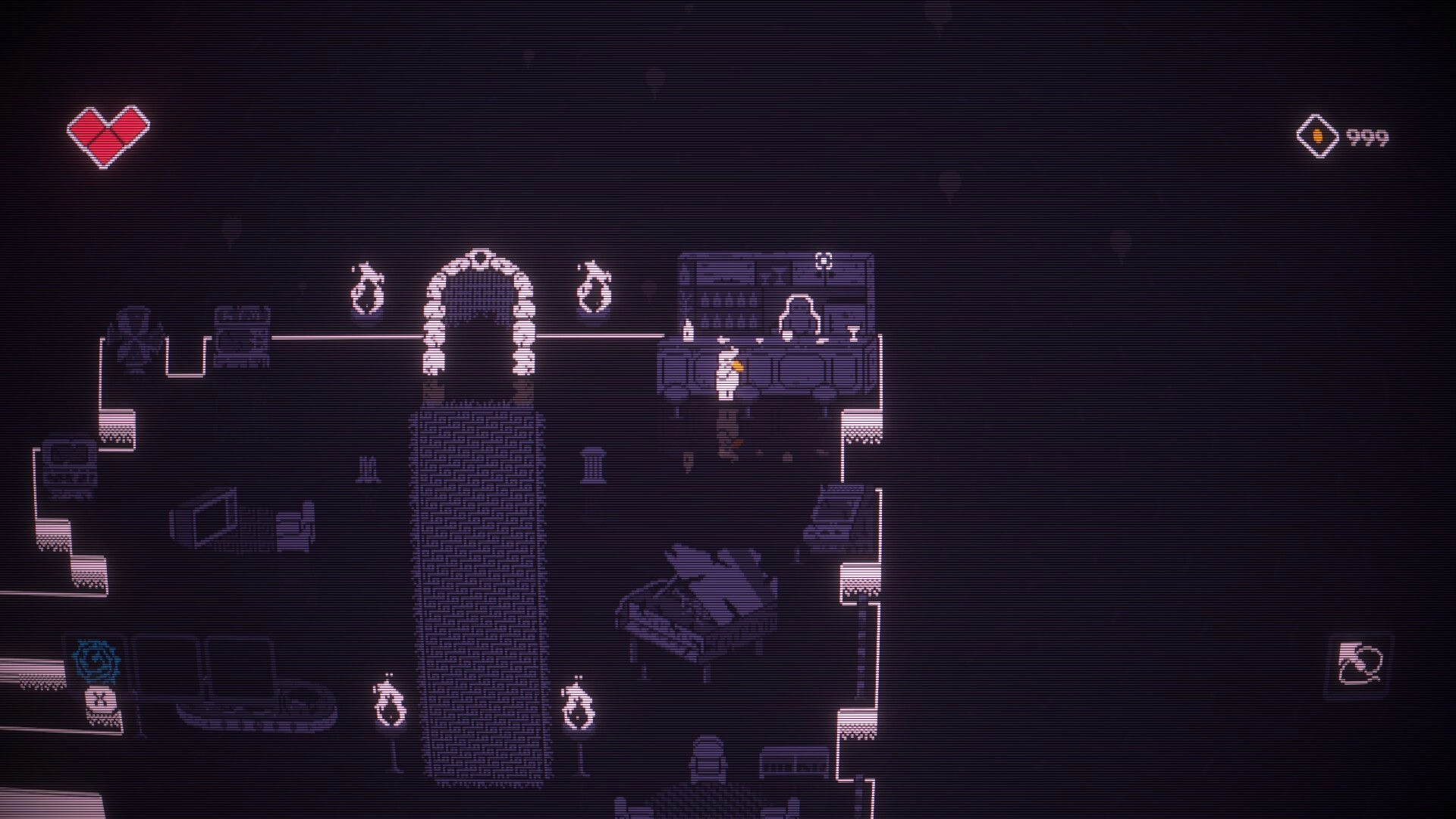 GNAP GNAP: Player stands by a bar counter in a dark room, hearts HUD and 999 currency visible.