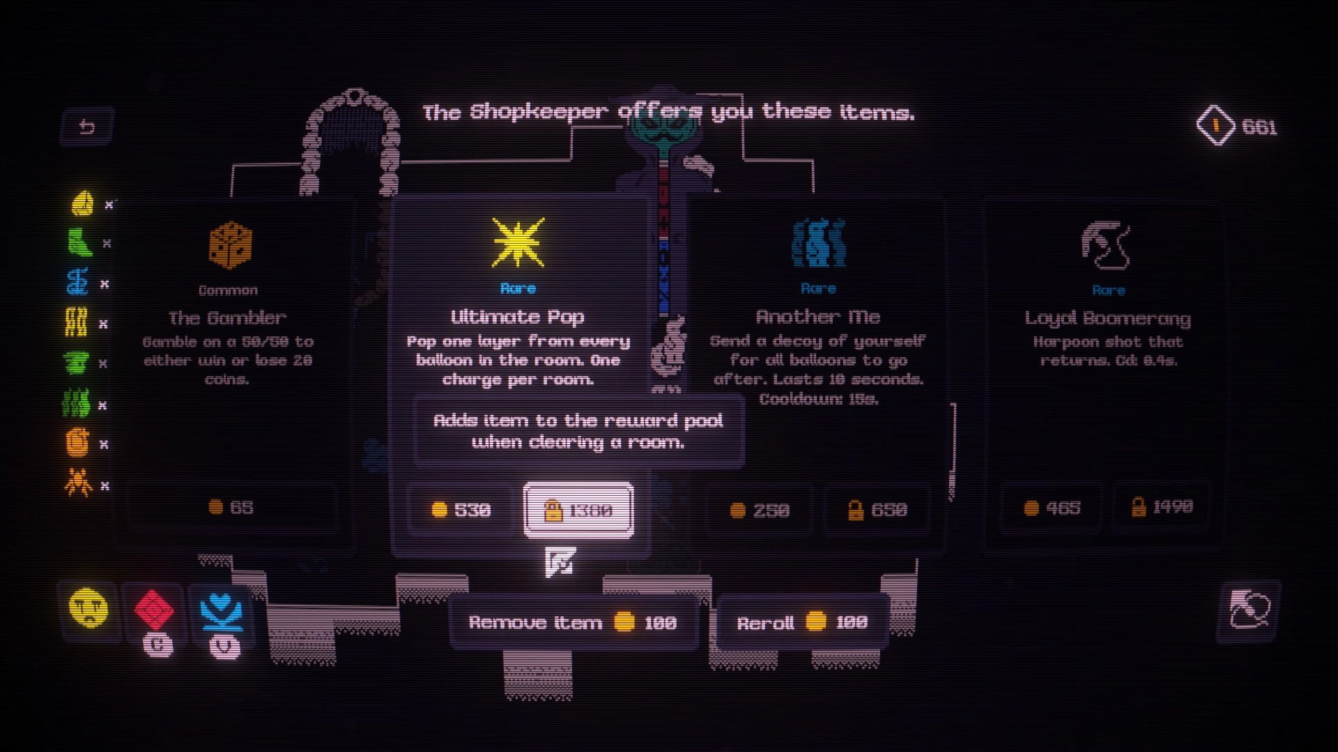 GNAP GNAP: Shop item selection menu with Ultimate Pop highlighted in a dim dungeon shop room UI.