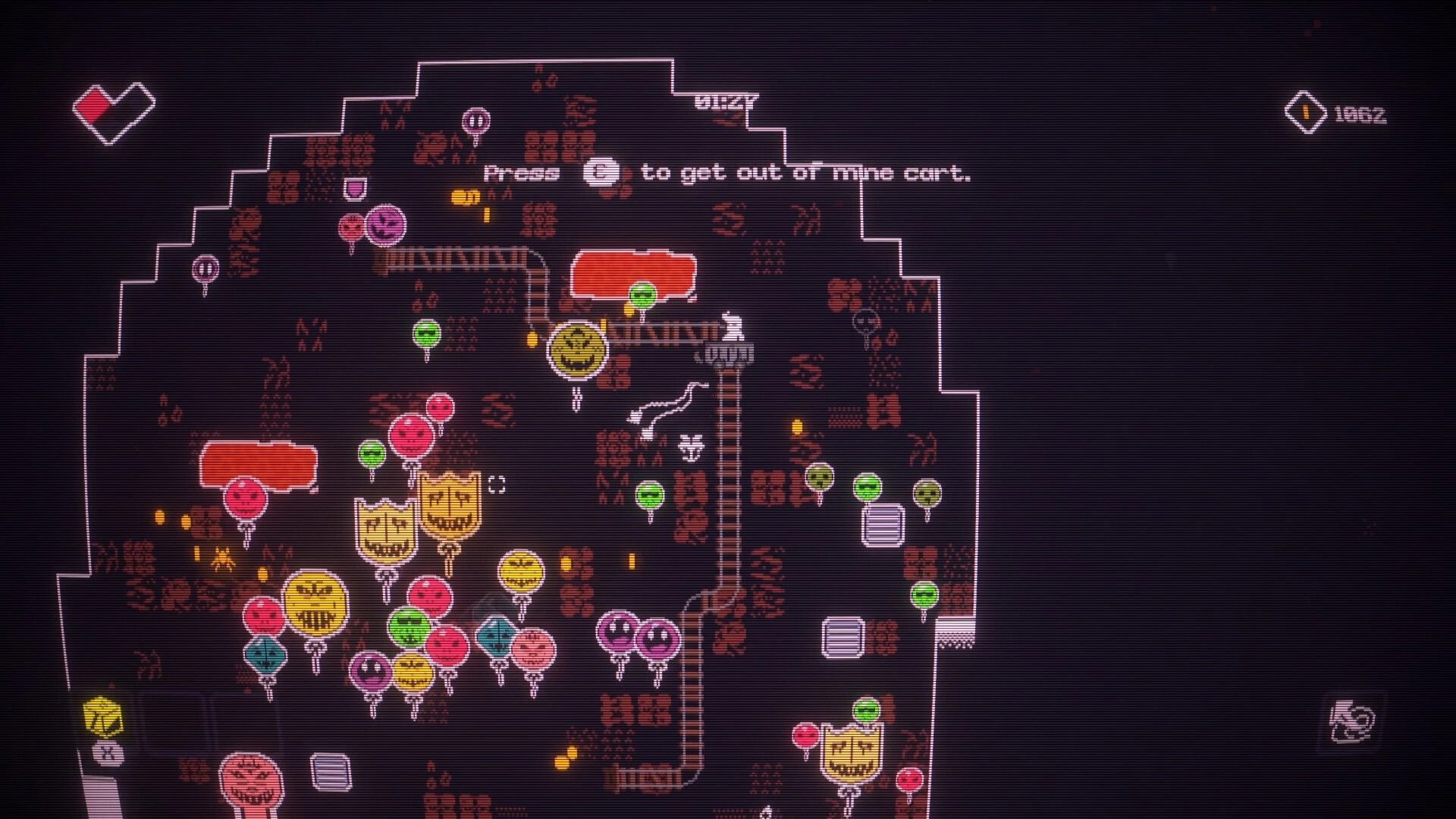 GNAP GNAP: Mine cart prompt while swarmed by multicolored balloon enemies in a dark cave map.