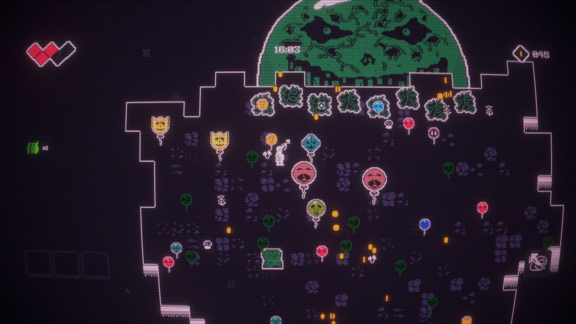 GNAP GNAP: Player amid floating face balloons and coins in a dark arena, hearts and timer UI visible.
